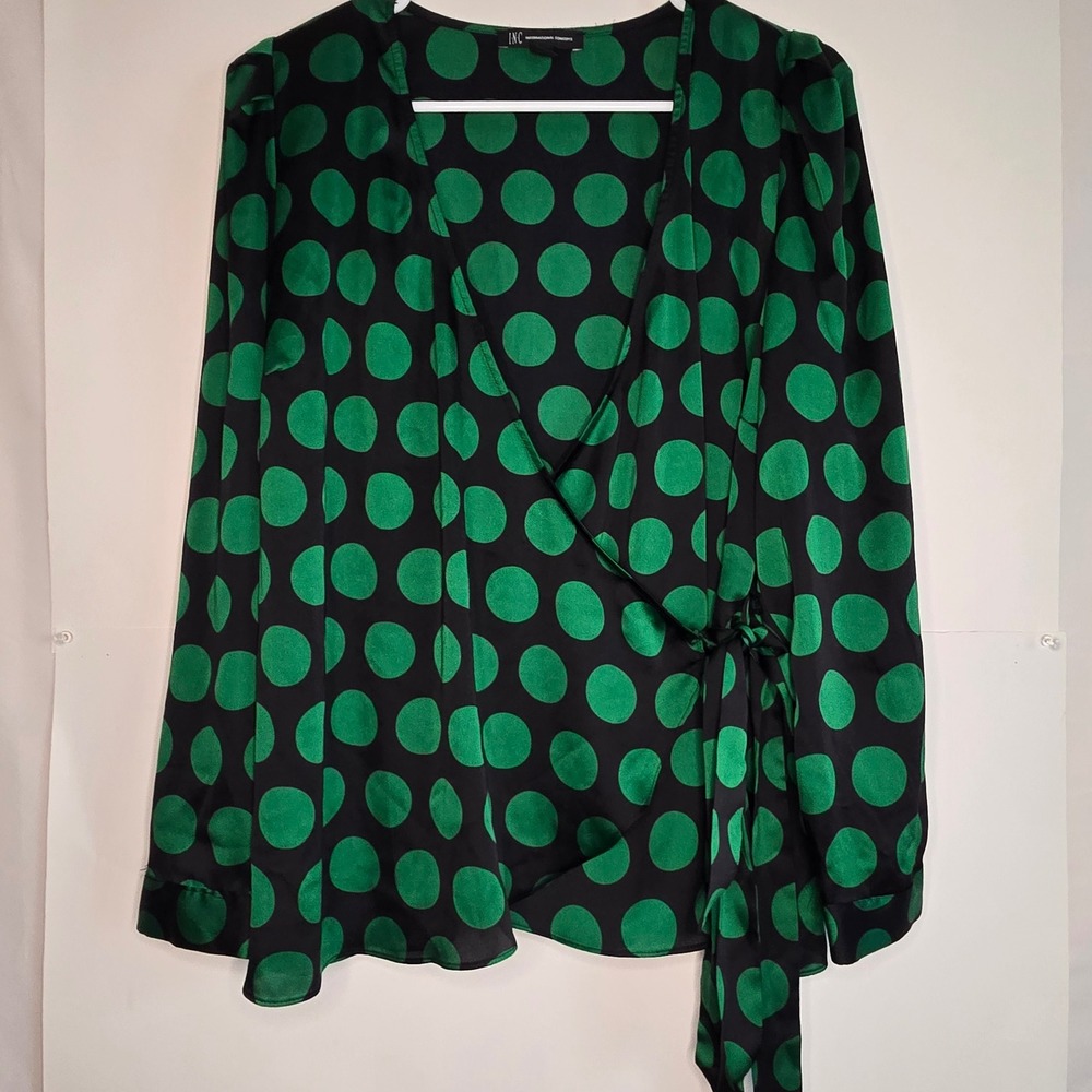 INC International Concepts Green Black Polka Dot Wrap Blouse Top Petite Large PL
